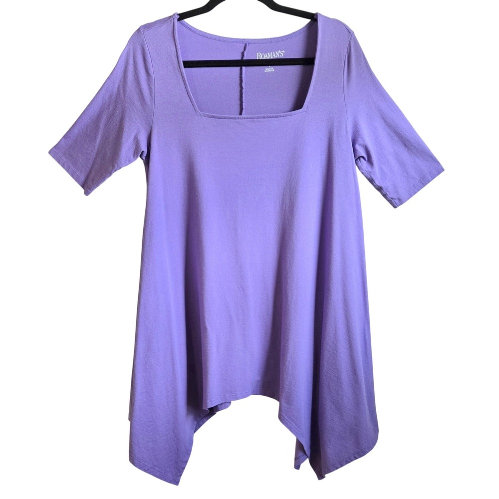 Roamans Purple Cotton Square Neck Sharkbite Hem Tunic Elbow Sleeve Sz 12 S‎